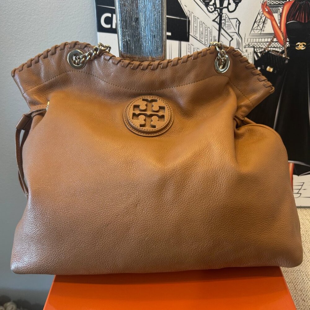 Tory Burch "Marion" Cognac Brown Pebbled Leather Large Slouchy Shopper Tote